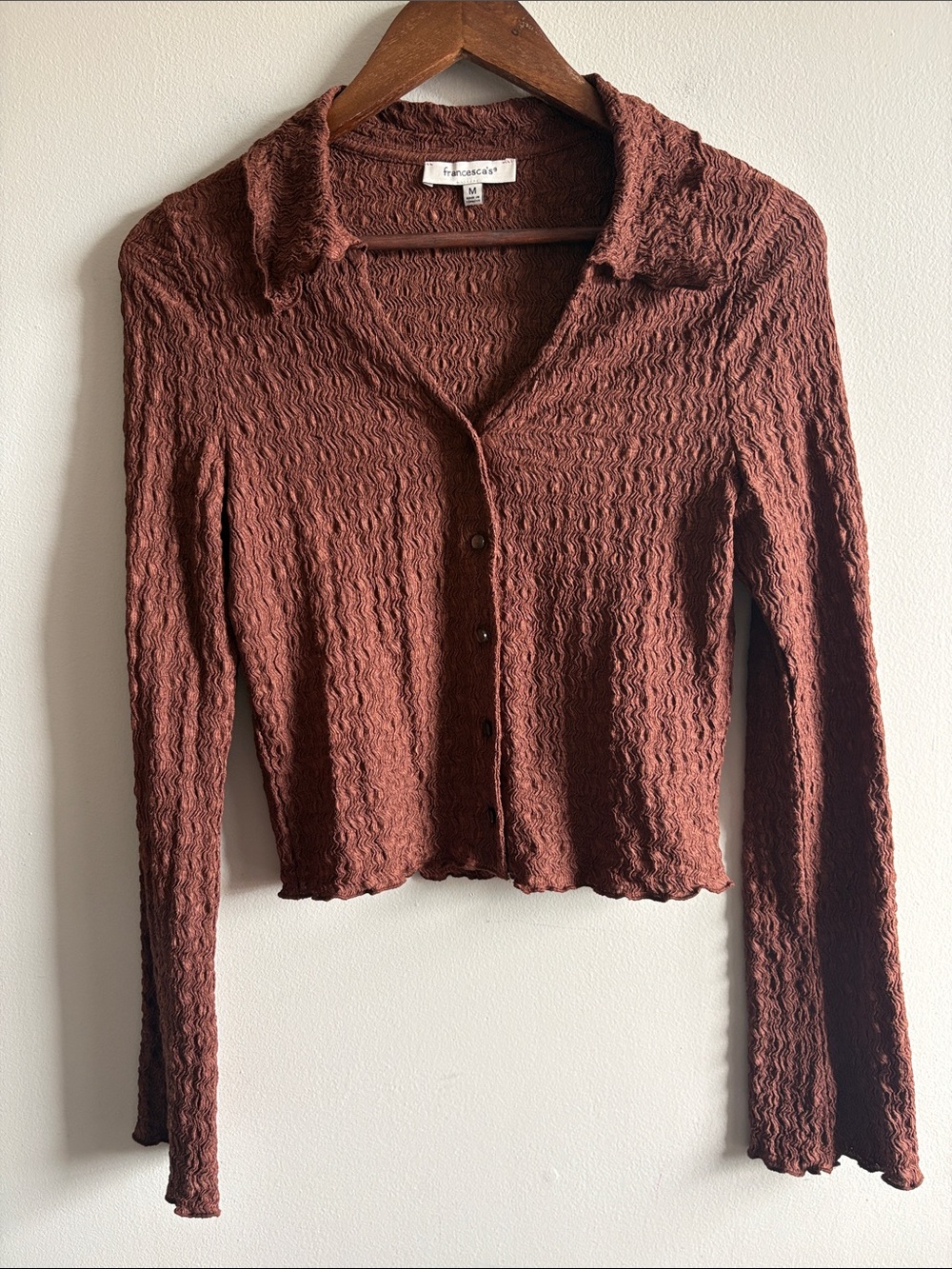 Francesca’s Brown Textured Button Front Crop Top Long Sleeve Shirt Medium